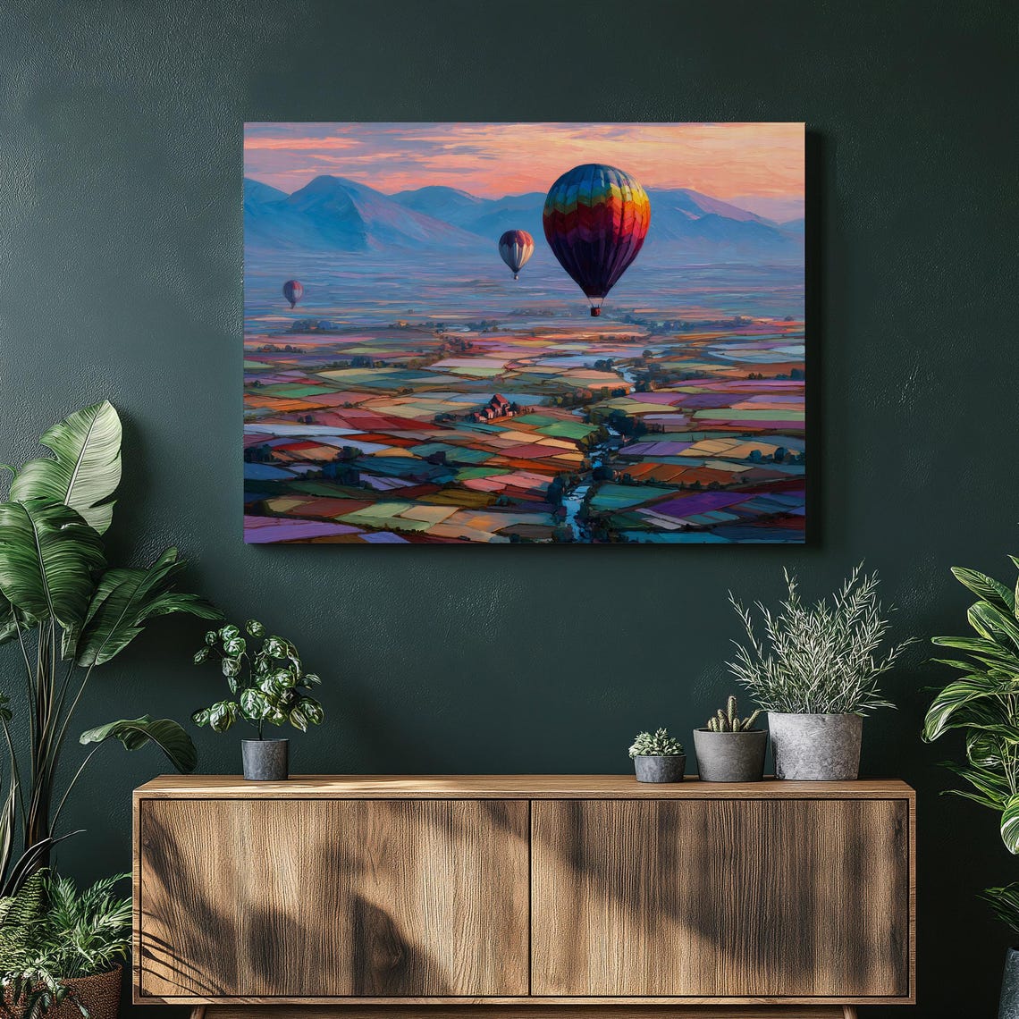 Hot Air Balloons Over Colorful Patchwork Fields Sunset Canvas Print
