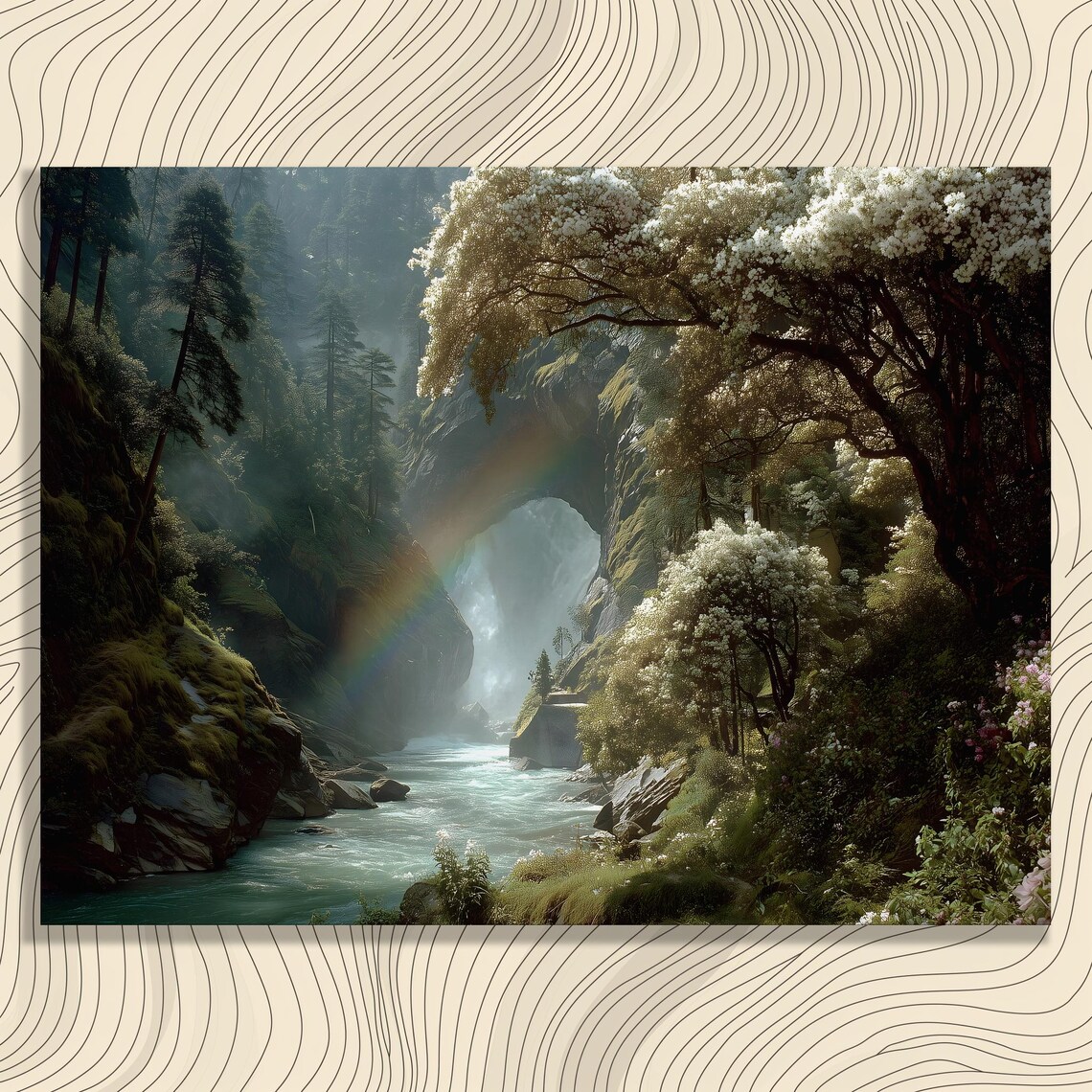 Colorful Forest River Rainbow Waterfall Landscape Art Print