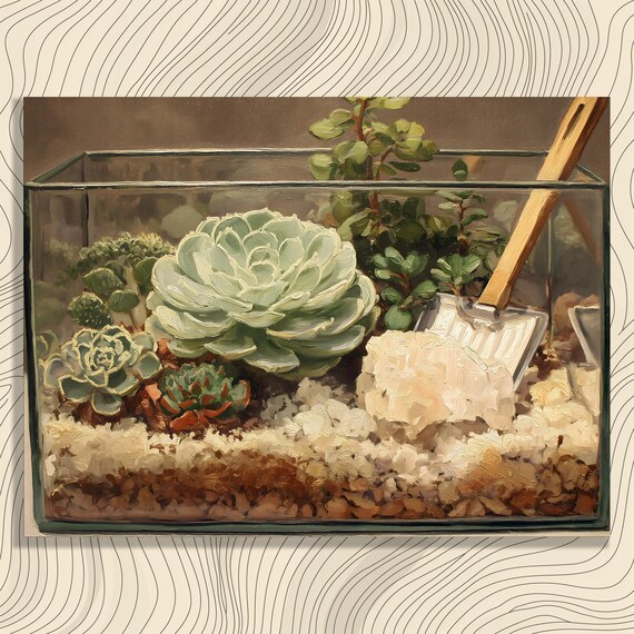 Succulent Terrarium Glass Echeveria Botanical Oil Painting Art Poster