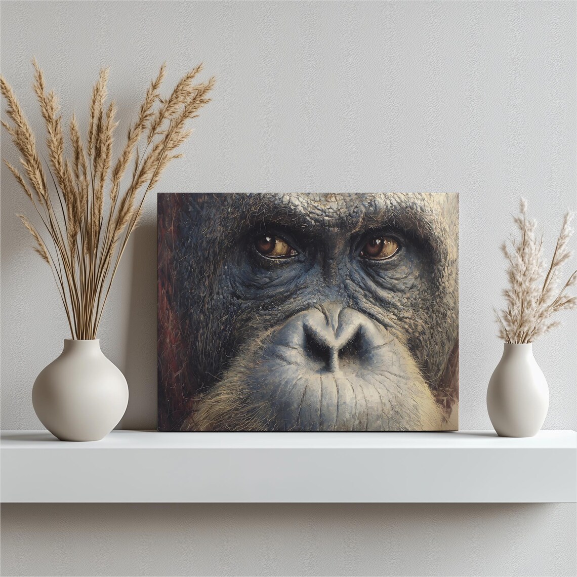 Orangutan Close Up Eyes Portrait Oil Painting Style Wildlife Wall Art