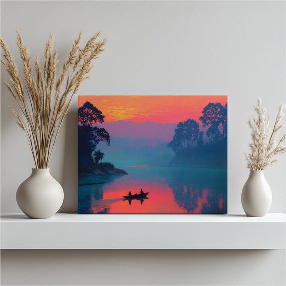 Sunset River Boat Canvas Wall Art Colorful Impressionist Landscape Print Glowing Sky Reflections Serene Nature Decor Gift For Fishermen