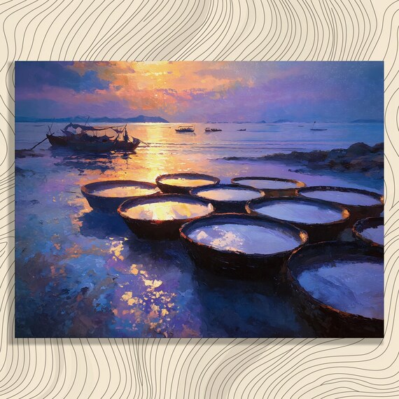 Round Basket Boats at Sunset on Calm Ocean Water Painting Poster