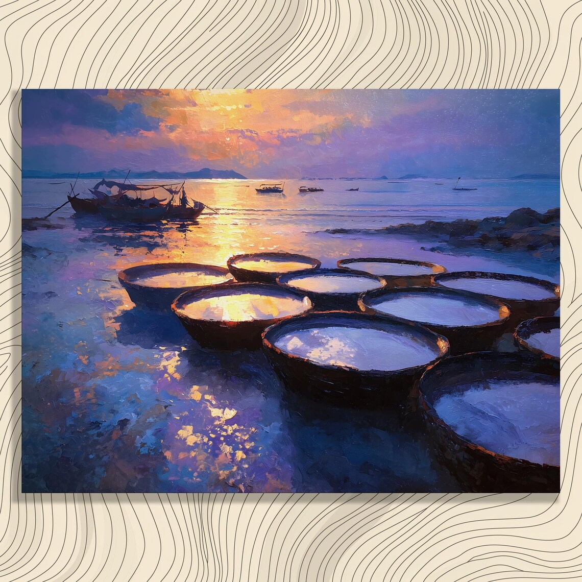 Round Basket Boats at Sunset on Calm Ocean Water Painting Poster