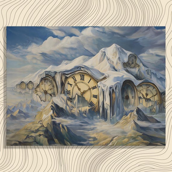 Surreal Mountain Time Canvas Wall Art Melting Clocks Over Icy Peaks Dreamscape Nature Decor Abstract Landscape Painting Print Gift