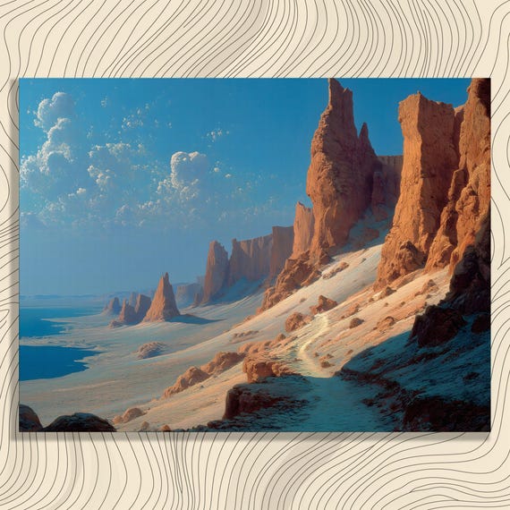 Desert Canyon Landscape Canvas Wall Art Red Rock Cliffs Vibrant Blue Sky And Clouds Shoreline Mirage Nature Print Large Colorful Decor