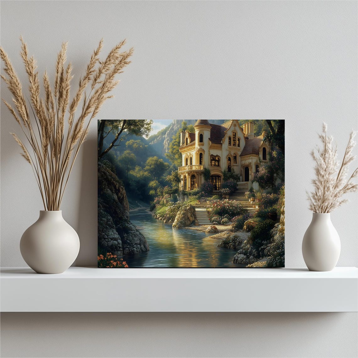 French Chateau River Garden Romantic Castle Landscape Art Poster