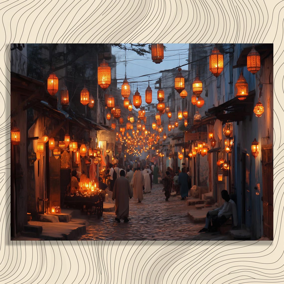 Moroccan Lantern Night Bazaar Glowing Alley Market Art Poster
