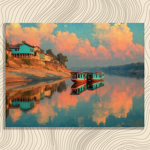 River Sunset Colorful Boats Stilt Houses Reflection Canvas Wall Art