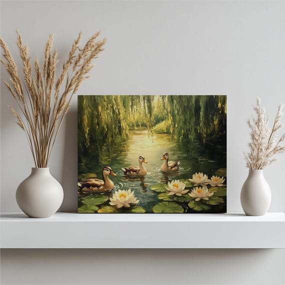 Ducks Canvas Wall Art Stunning Illustration Of Swimming In Peaceful Pond With Serenity And Water Lilies Classic Style Bedroom