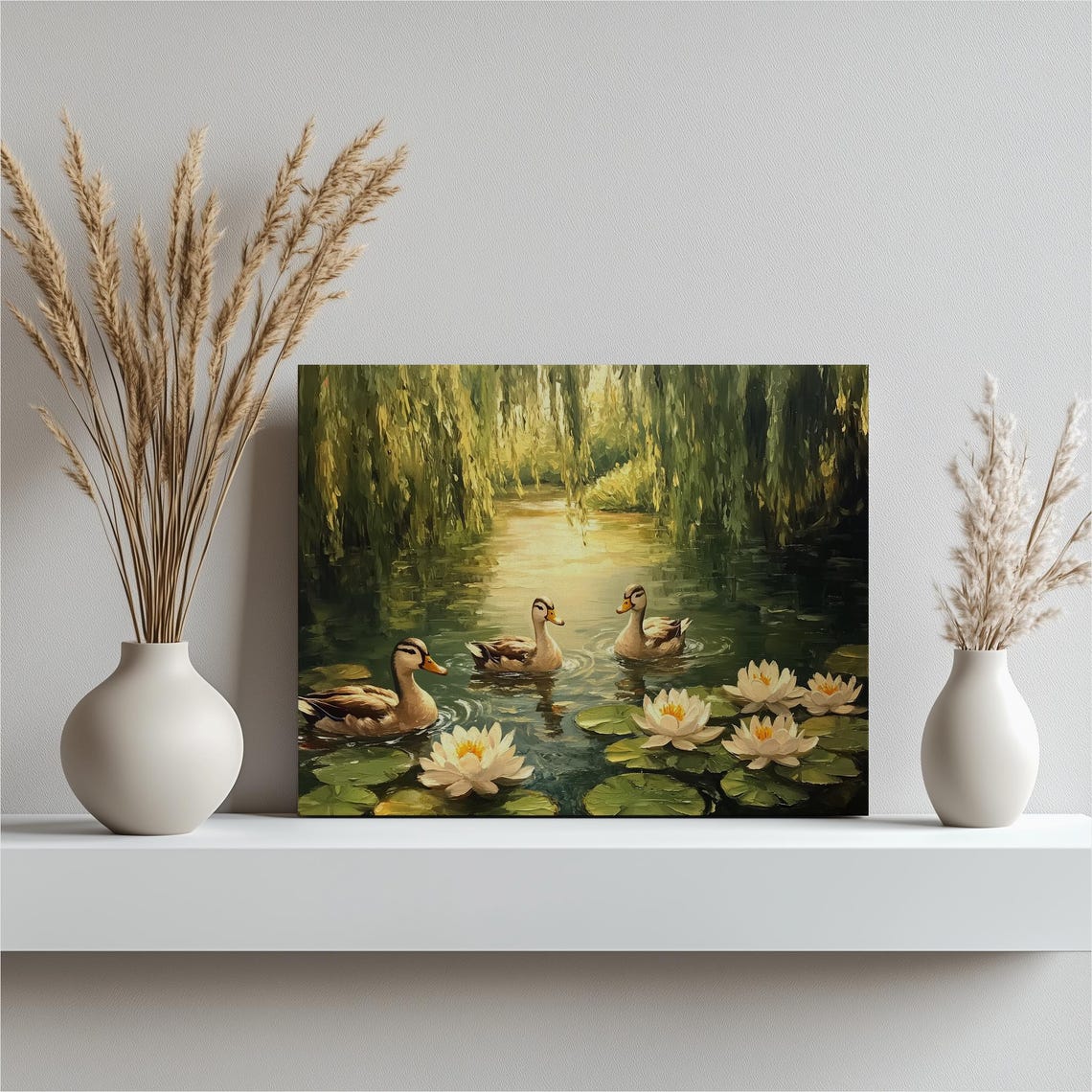 Wild Ducks Floating Water Lilies Pond Impressionist Nature Wall Art