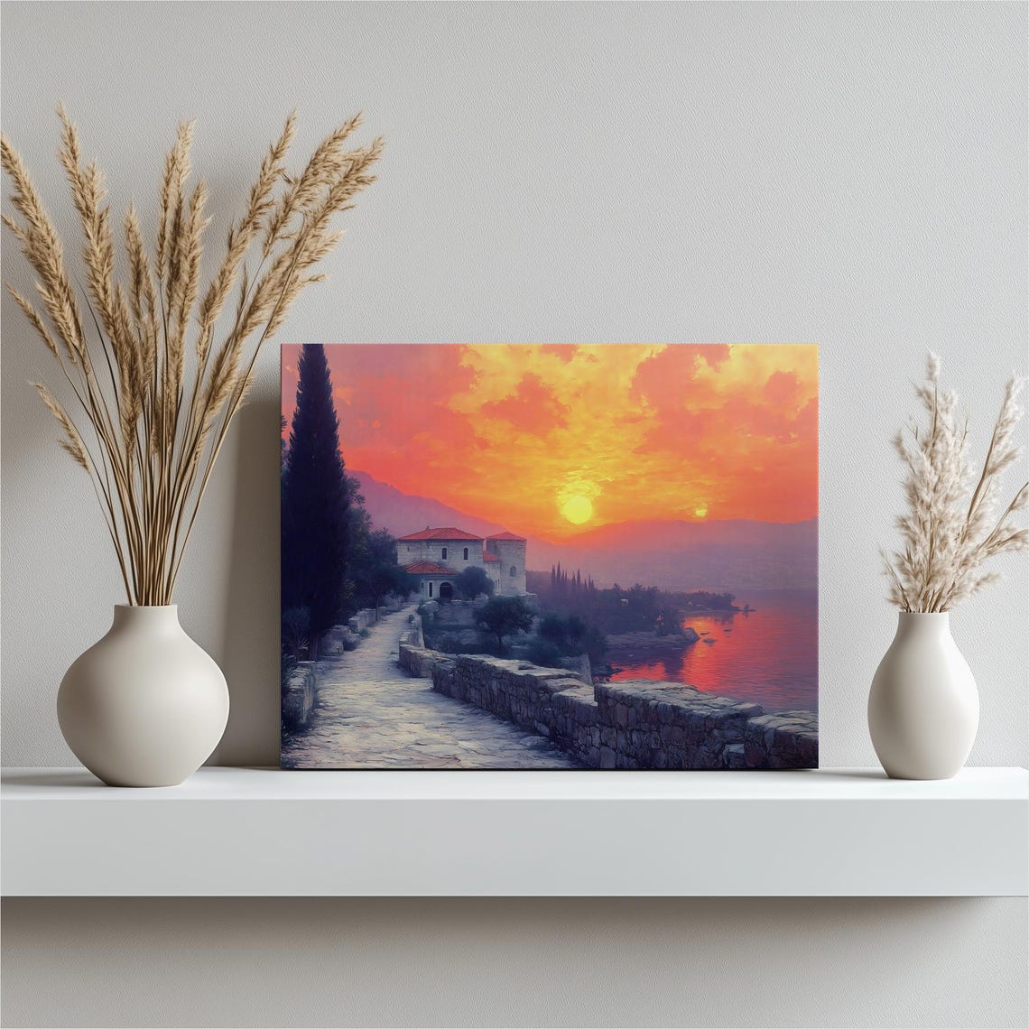 Mediterranean Coastal Sunset Stone Path Villa Cypress Seascape Poster