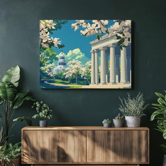 Capitol Building Canvas Wall Art Classical Columns With Spring Blossoms Domed Landmark Garden Scene Architecture Print For Home Decor