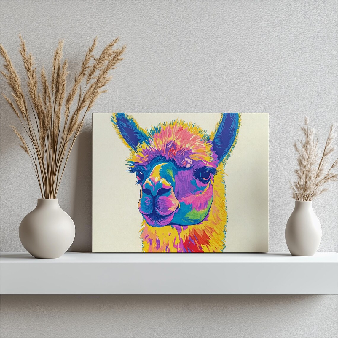 Colorful Rainbow Alpaca Portrait Pop Art Cheerful Animal Wall Art