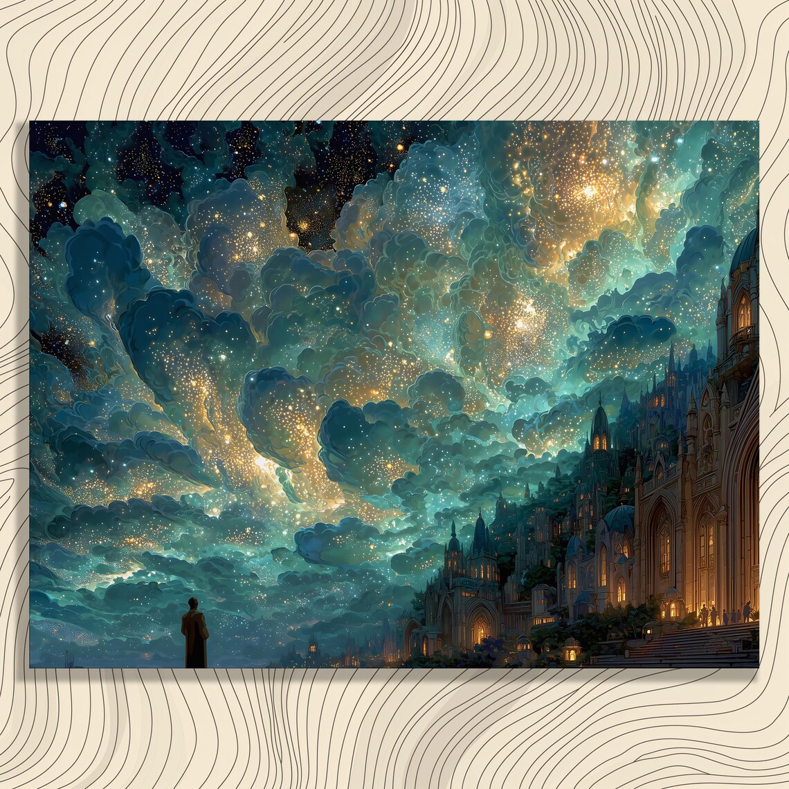 Dreamlike Fantasy Gothic City Starry Sky Surreal Canvas Art Poster