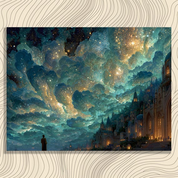 Dreamlike Fantasy City Canvas Wall Art Surreal Gothic Starry Skies Cityscape Print For Teens And Adults Unique Blue Gold Decor