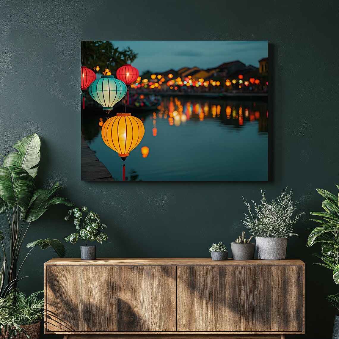 Night Lantern Festival River Reflections Colorful City Lights Wall Art