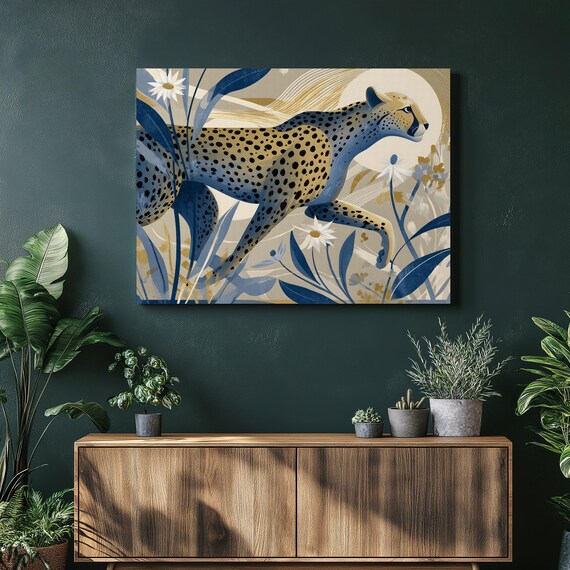 Majestic Cheetah Canvas Wall Art Blue Gold Abstract Running Leopard Jungle Daisy Botanical Nature Print Gift For Animal Lovers