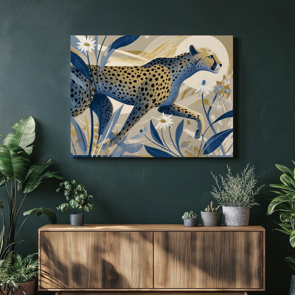Majestic Cheetah Blue Gold Abstract Running Wildlife Moon Poster