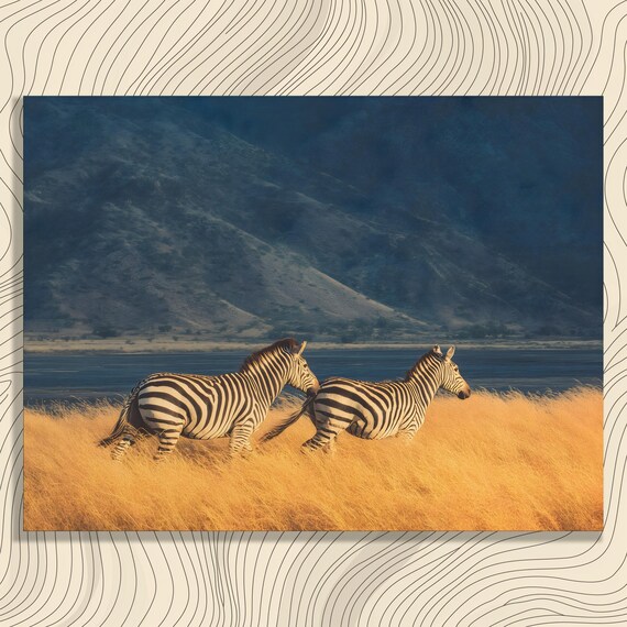 Zebra Wildlife Landscape Canvas Wall Art African Savanna Painting Mountainscape Golden Grass Tranquil Water Reflection Nature Decor Modern