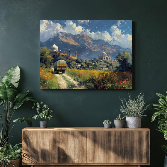 Pakistan Canvas Wall Art Vibrant Truck Decor Illustration With Intricate Mughal Architecture Oil Painting Print Cultural Heritage