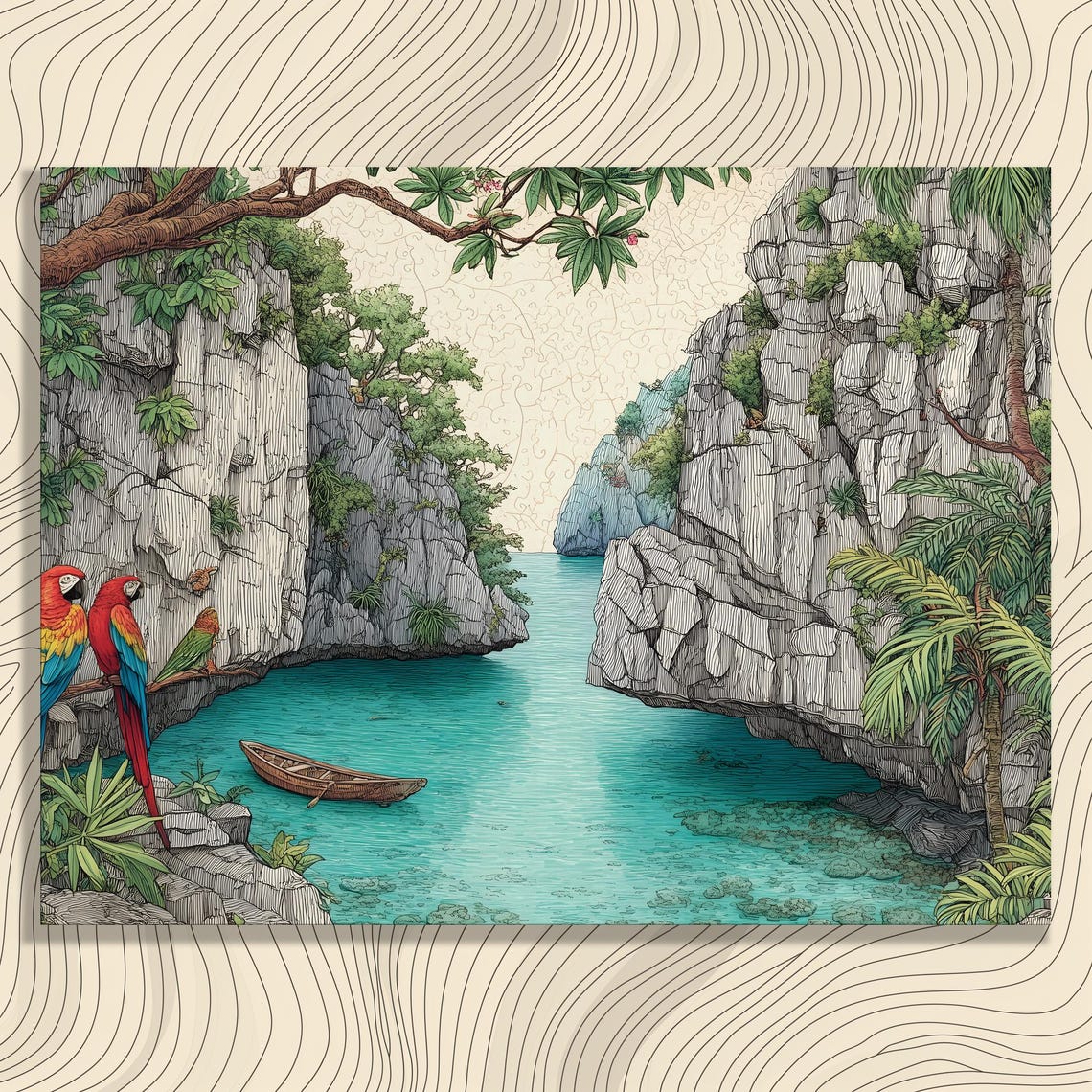 Tropical Karst Cove Turquoise Water Parrots Hand Drawn Art Poster