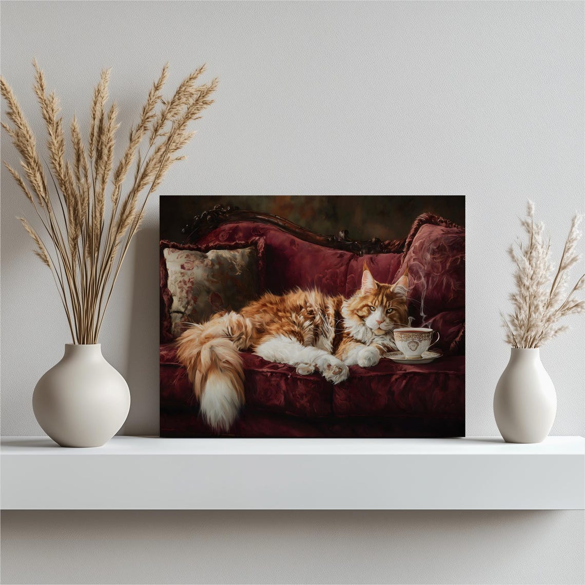 Ginger Cat on Red Velvet Sofa With Tea Vintage Style Cat Poster