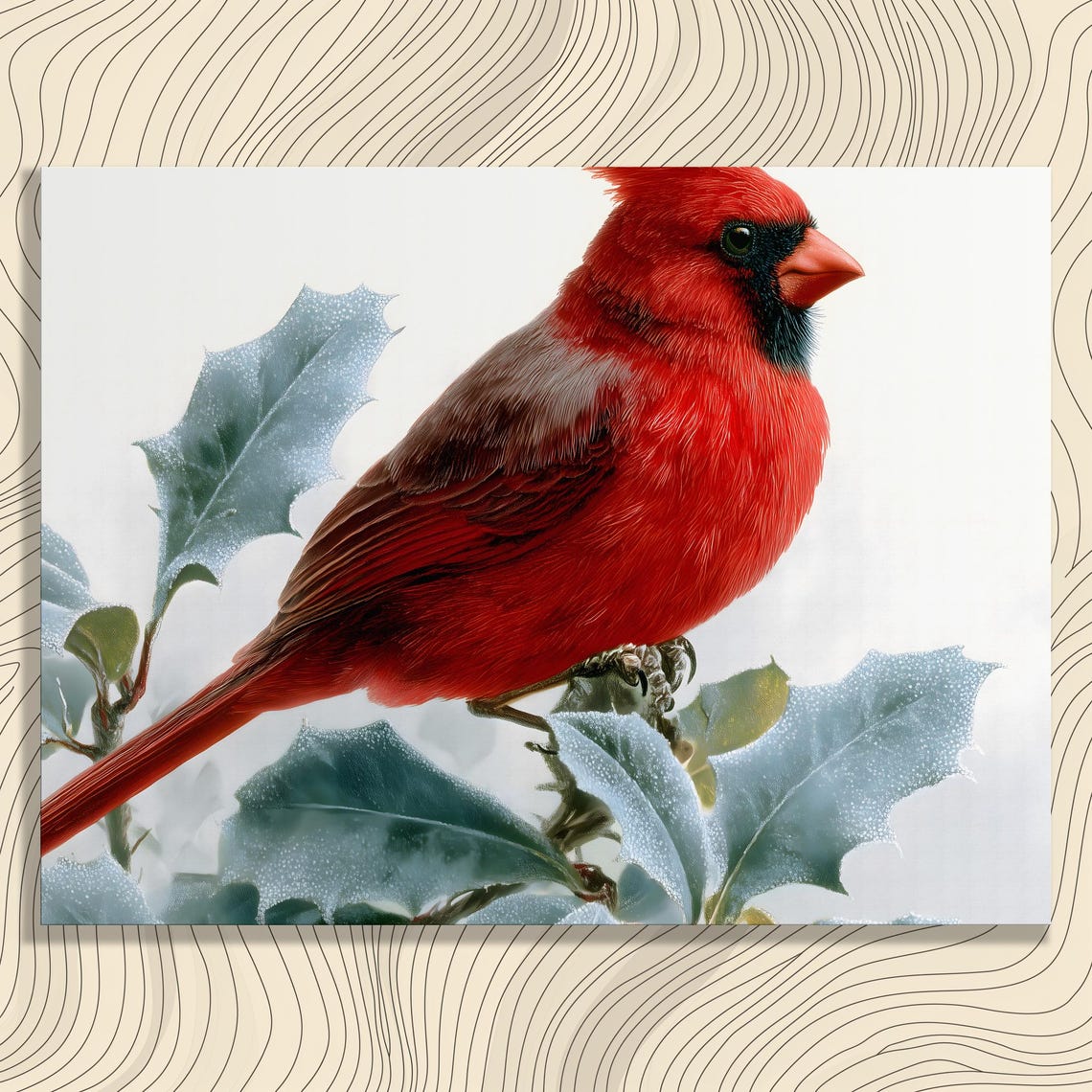 Vibrant Cardinal Bird on Frosty Holly Branch Winter Nature Art Poster