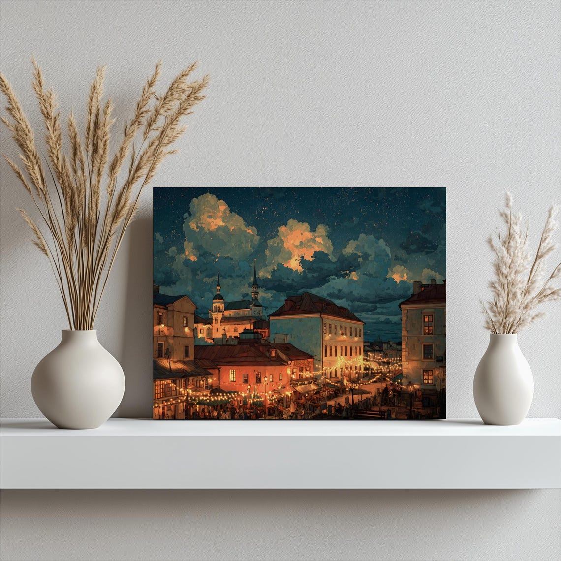 European Old Town Square Night String Lights Romantic City Poster