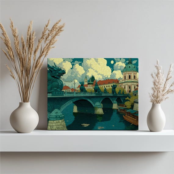 Dragon Bridge Cityscape Canvas Wall Art Historic European River Architectural Urban Illustration Detailed Line Cathedral Dome Skyline