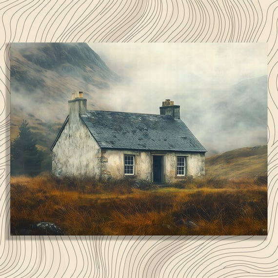Misty Cottage Canvas Wall Art Vintage Autumn Watercolor Landscape Painting Solitude Decor Print Tranquil Countryside Cabin Scenic