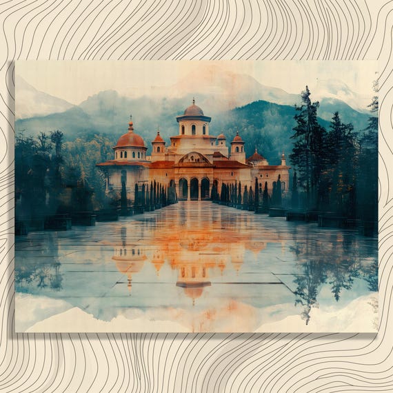 Tranquil Dome Reflection Canvas Wall Art Architectural Landscape Decor Print With Mountains Trees Symmetry And Serenity Scenes