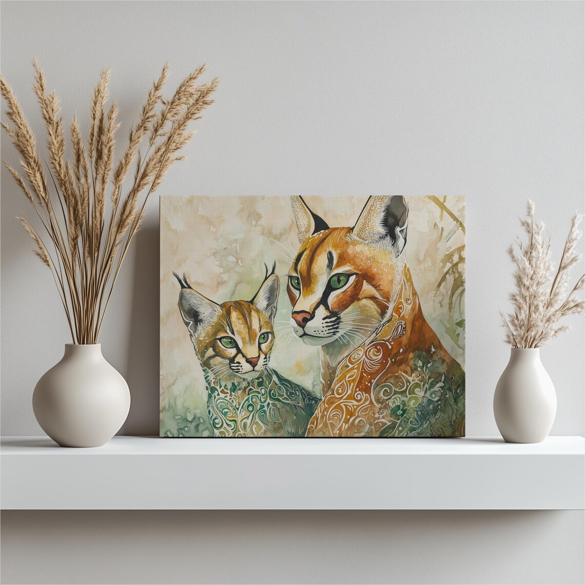 Caracal Pair Watercolor Painting Wild Cat Green Eyes Wall Art