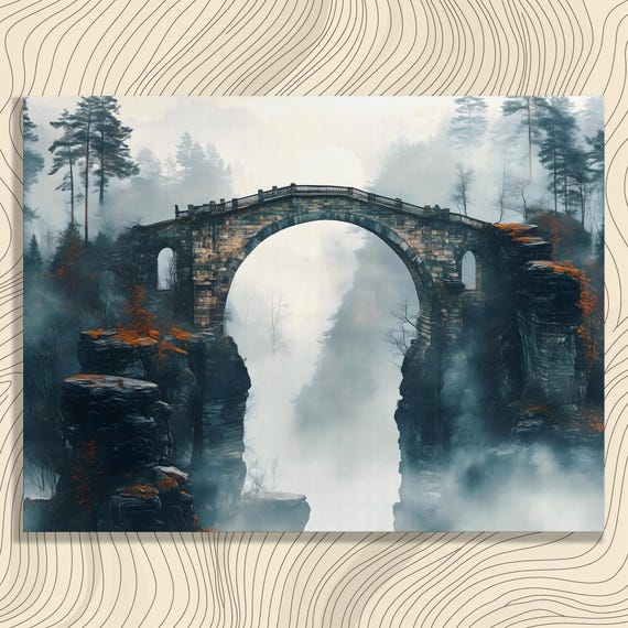 Ancient Stone Arch Bridge Above Misty Foggy Cliff Forest Poster