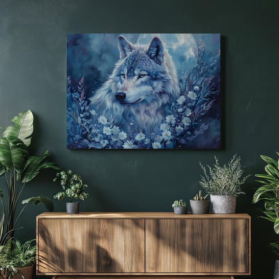 Wolf Canvas Wall Art Oil Painting Howler Moonlit Floral Romanticism Decor Blue Purple Decoration For Home Office Hallway Or Bedroom