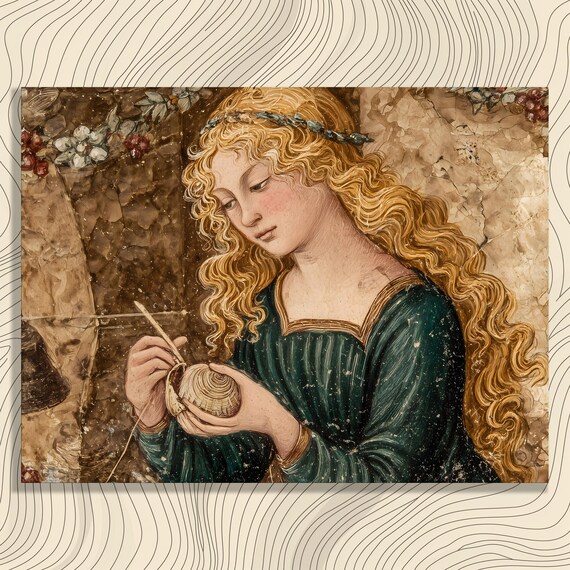 Renaissance Maiden Seashell Portrait Poster Golden Curls Vintage Artwork