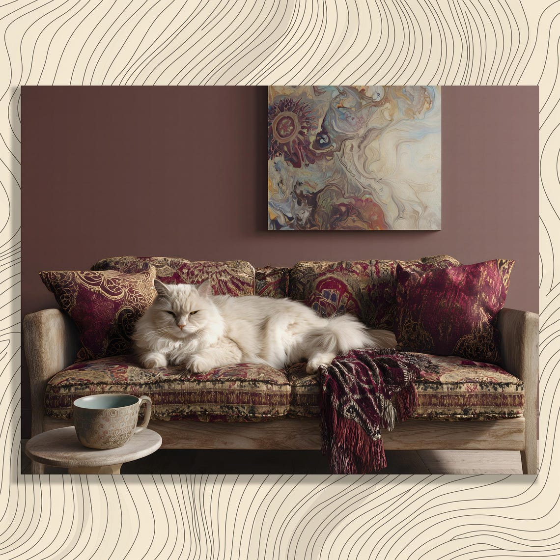 Fluffy White Cat Lounging On Vintage Floral Sofa Cozy Art Poster