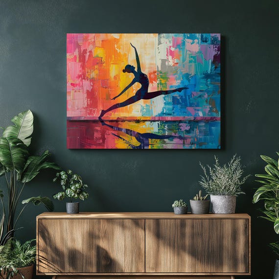 Yoga Silhouette Canvas Wall Art Colorful Dancer Pose Reflection Painting Gradient Background For Fitness Studio Decor Mindfulness Gift