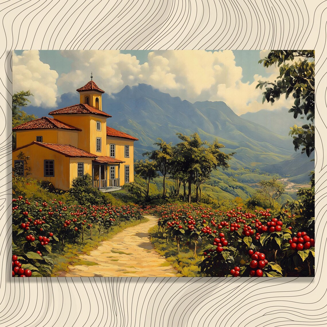 Coffee Plantation Hacienda Red Roofs Ripe Cherry Rows Mountain Wall Art