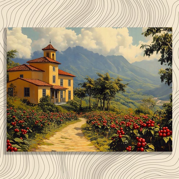 Coffee Plantation Farmhouse Canvas Wall Art Mountain Landscape Country House Painting Rustic Home Decor Print Yellow Gift