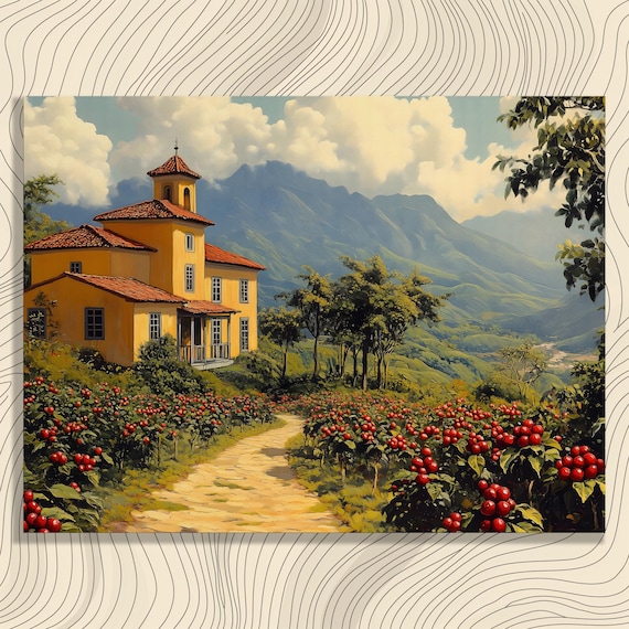 Coffee Plantation Hacienda Red Roofs Ripe Cherry Rows Mountain Wall Art