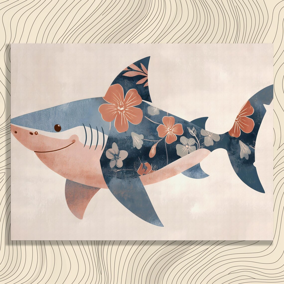 Floral Shark Illustration Coral Blossoms Coastal Modern Ocean Art Poster