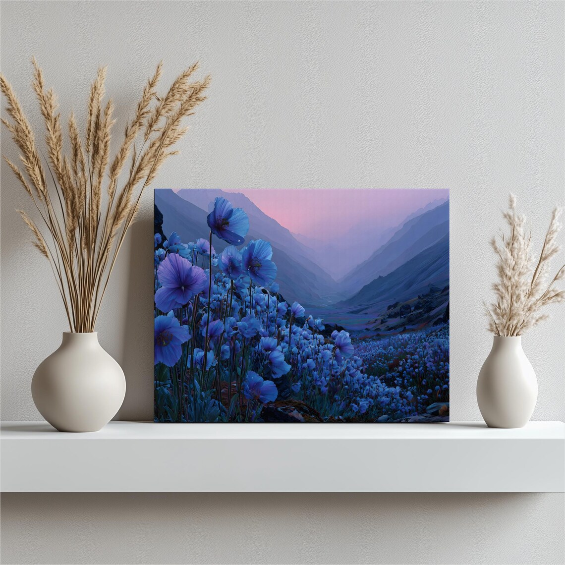 Blue Wildflowers Mountain Valley Dusk Bloom Floral Canvas Wall Art