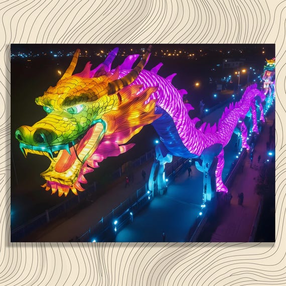 Vibrant Dragon Lantern Canvas Wall Art Chinese Print Colorful Festival Lights Night Bridge Installation Modern Decor
