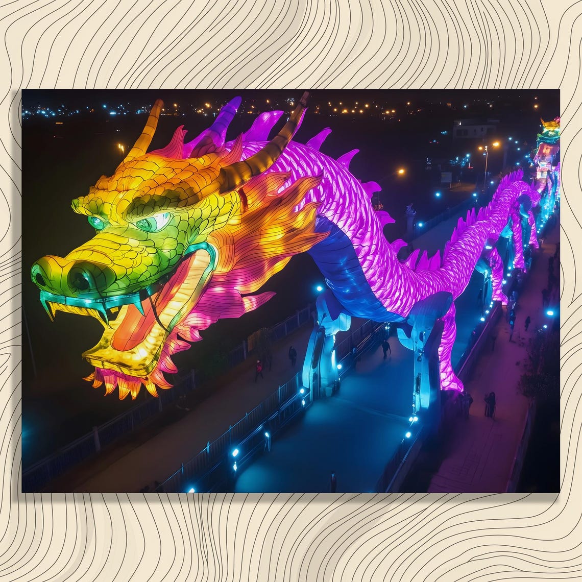 Vibrant Dragon Lantern Canvas Wall Art Chinese Print Colorful Festival Lights Night Bridge Installation Modern Decor