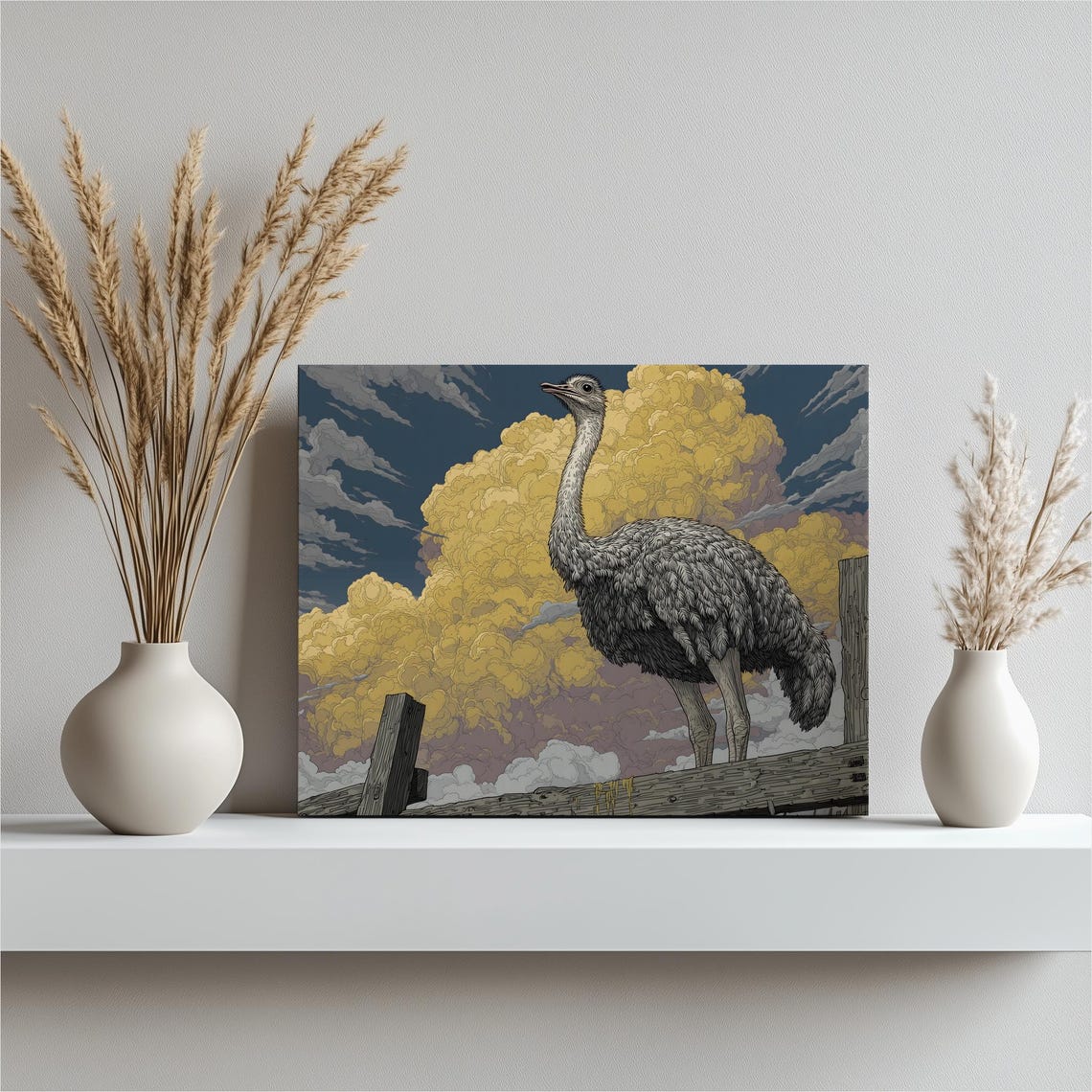 Ostrich On Fence Golden Cloud Sky Modern Wildlife Illustration Poster
