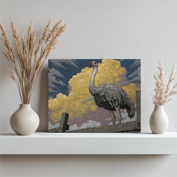 Ostrich On Fence Canvas Wall Art Modern Wildlife Painting Print Rustic Farmhouse Decor Nature Bird Illustration Gift Animal Lovers