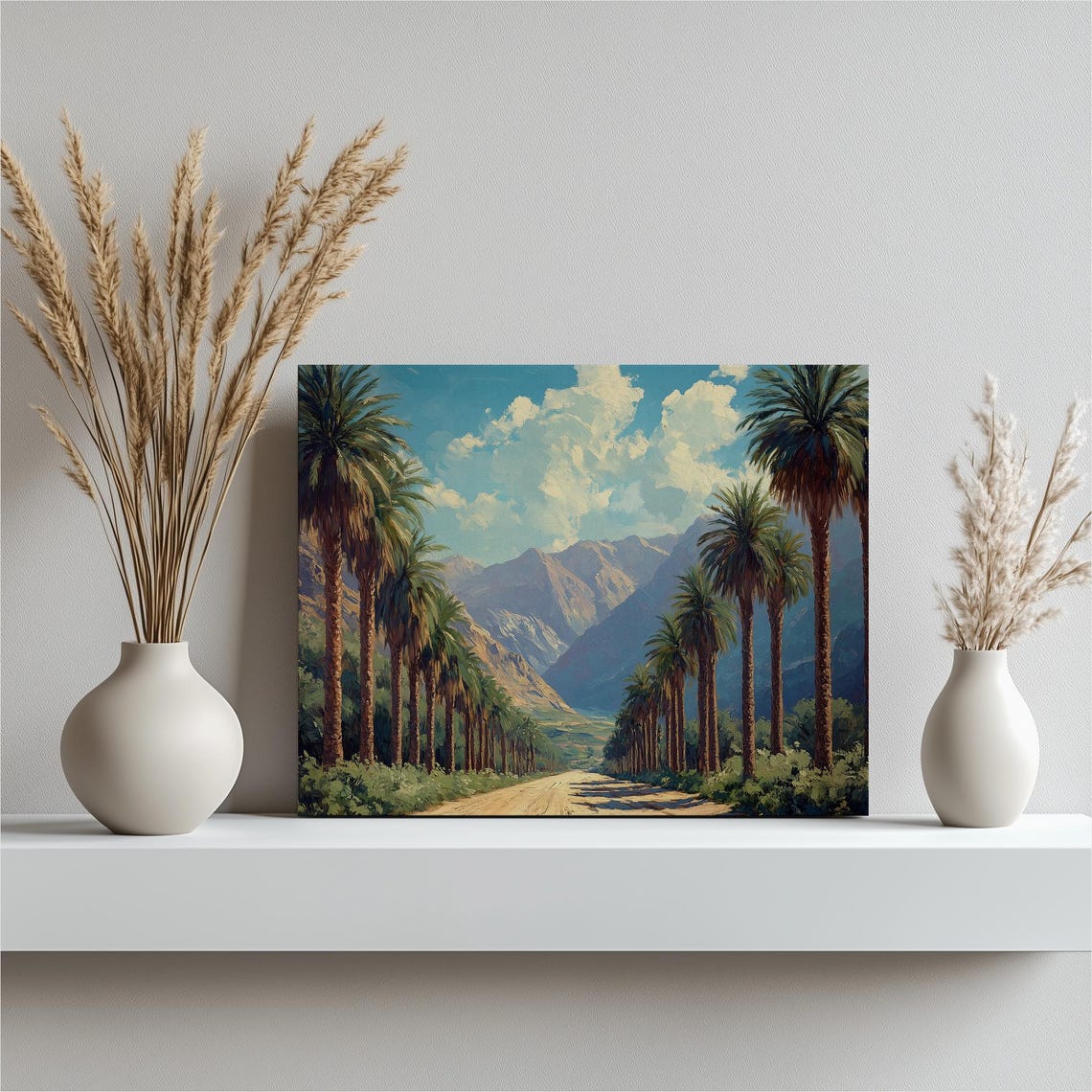 Palm Tree Avenue Desert Road Mountain Vintage Travel Art Poster