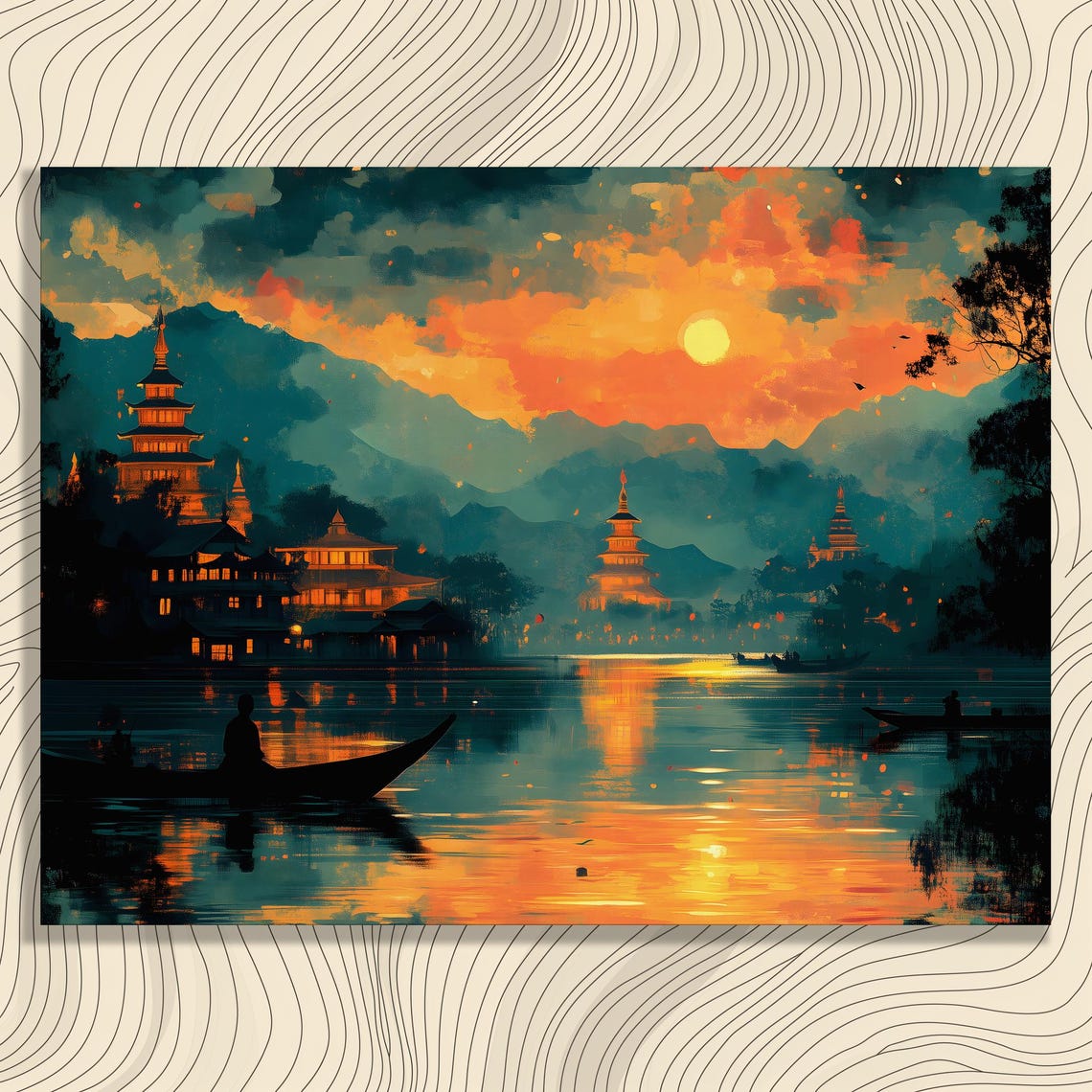 Asian Pagodas Sunset Lake Serene Orange Teal Landscape Wall Art