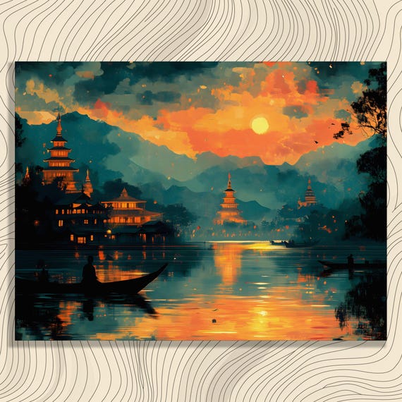 Serene Lakeside Canvas Wall Art Sunset Painting Landscape Lake Print With Pagoda Silhouette And Colorful Twilight Scene For Lovers