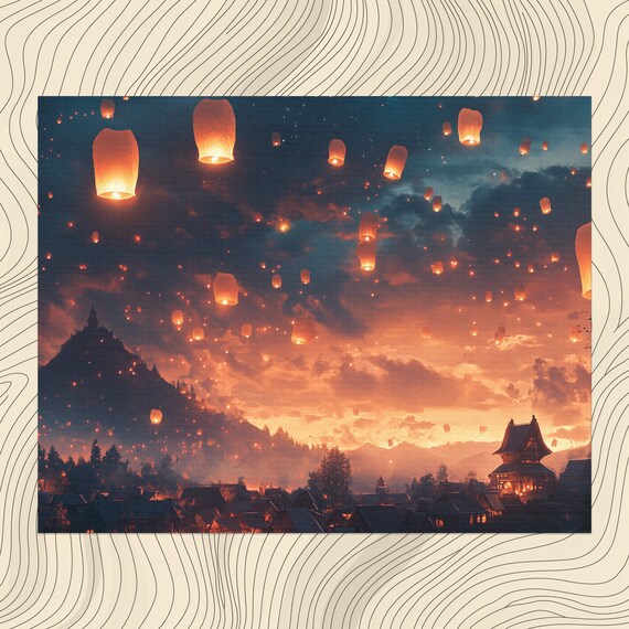 Glowing Floating Sky Lanterns Over Mountain Town at Dusk Wall Art